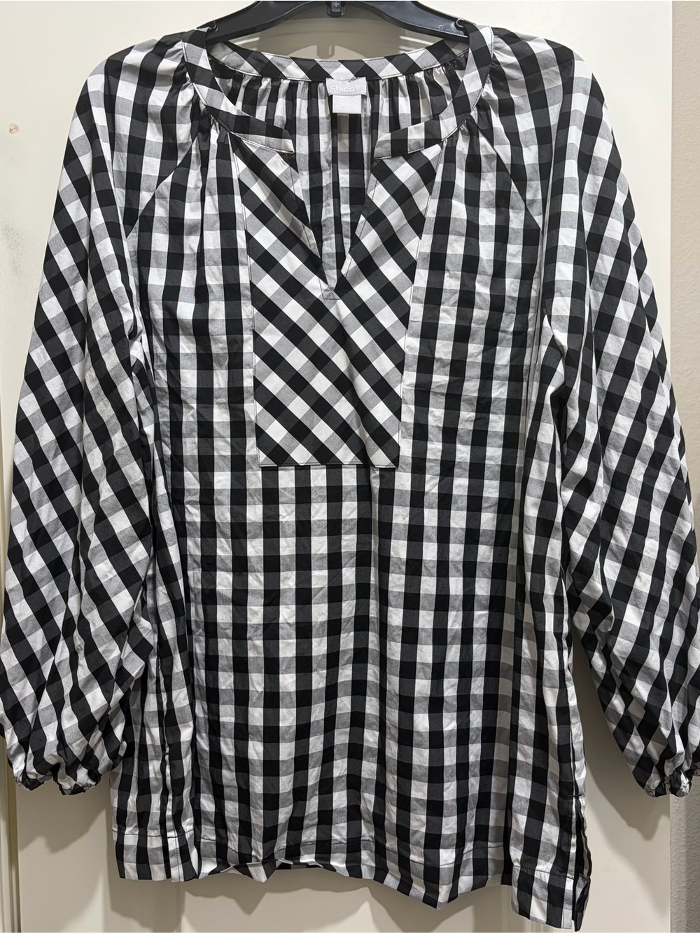 Black & White Gingham Peasant Blouse - Chicos. Size 3